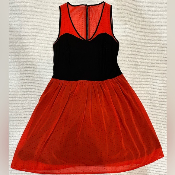 Eric & Lani dress, Size M. Red sheer with tiny black polka dots. EUC. - Picture 1 of 12